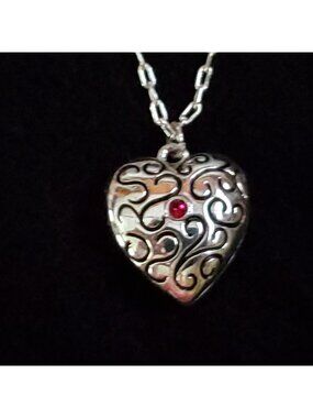 Puff Heart Locket Necklace Silver Tone Red Rhinestone 3/4" 15-17"
